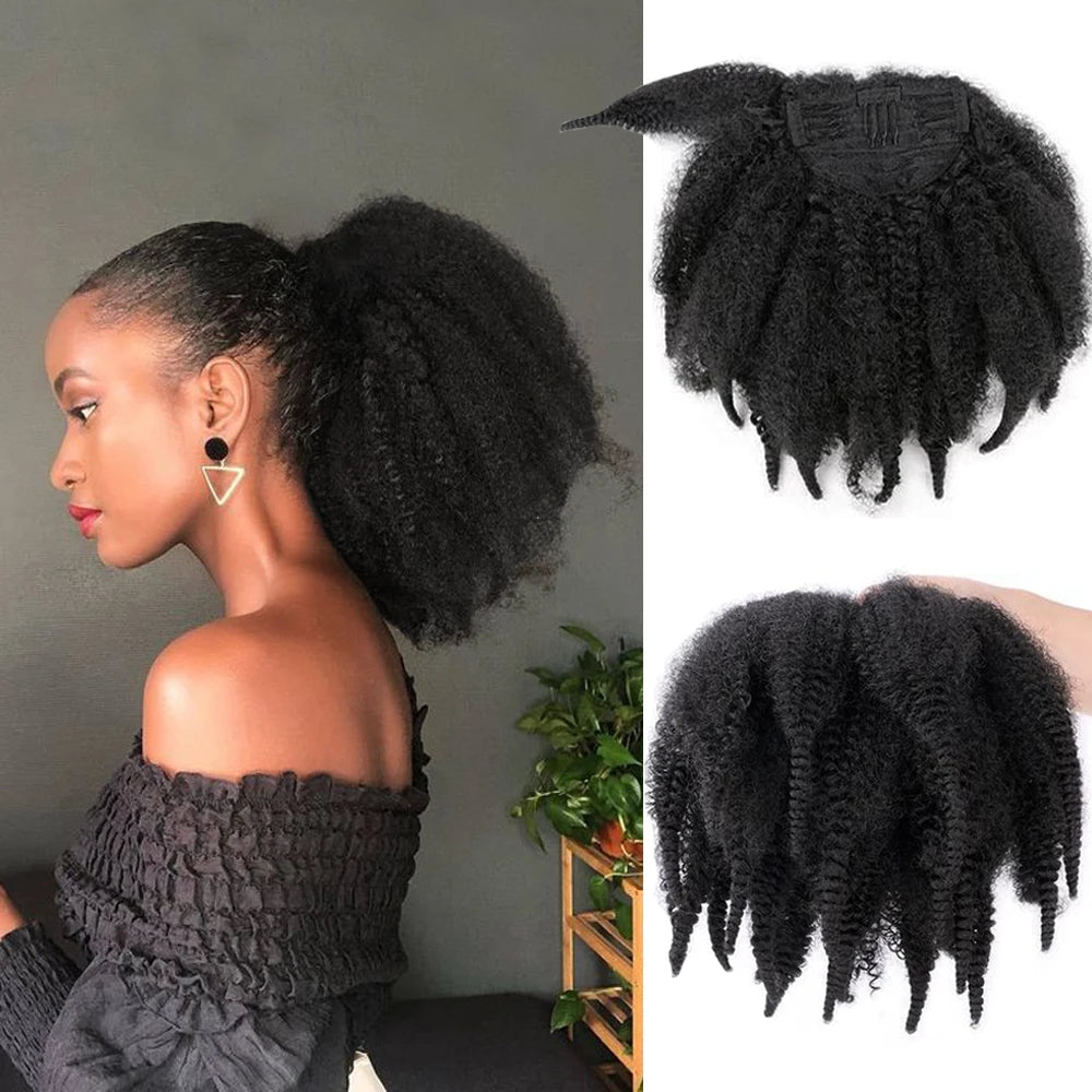 Natural Black Afro Kinky Ponytail for Women Synthetic Short Hair Extensions with High Temperature Fiber One Piece Clip in