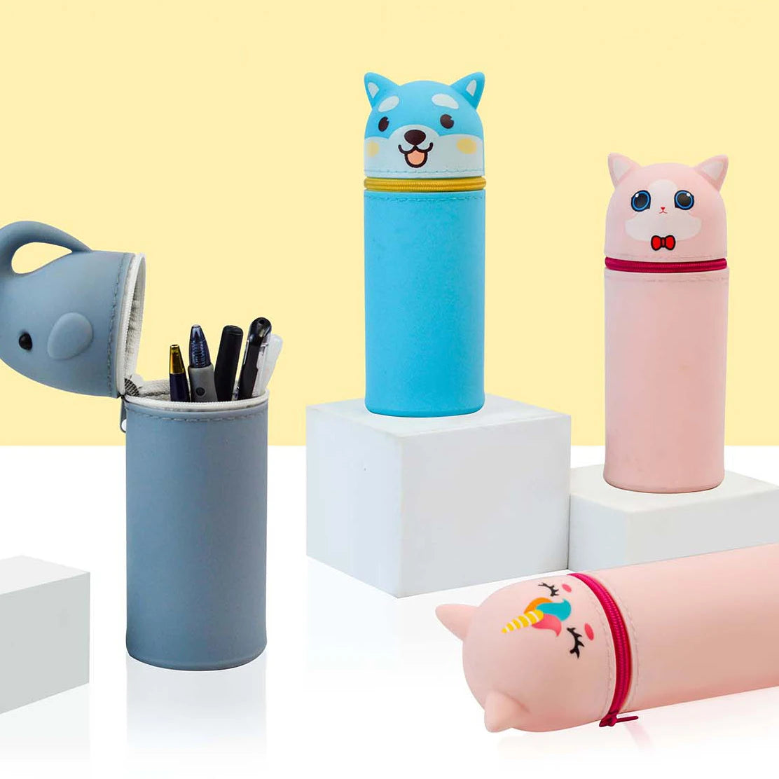 Wholesale Custom Cute Design Foldable Waterproof Silicone Pencil Case Stand up Cute Pencil Organize Bag Pen Holder