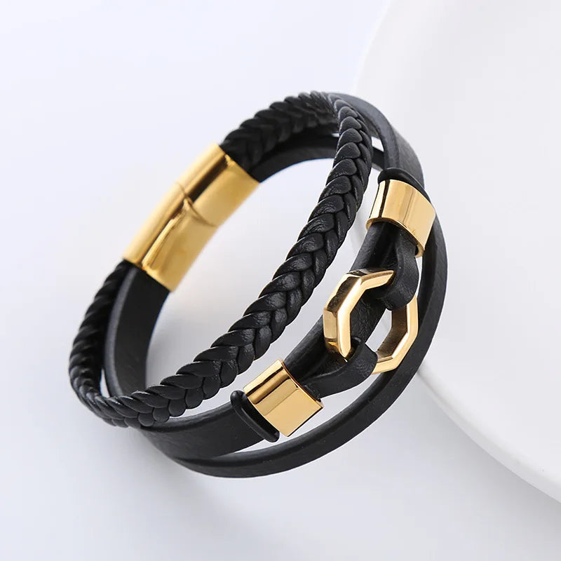 Stainless Steel Magnetic Clasp Hex Nut Soft Leather Band Bracelet Bangle Homme En Cuir