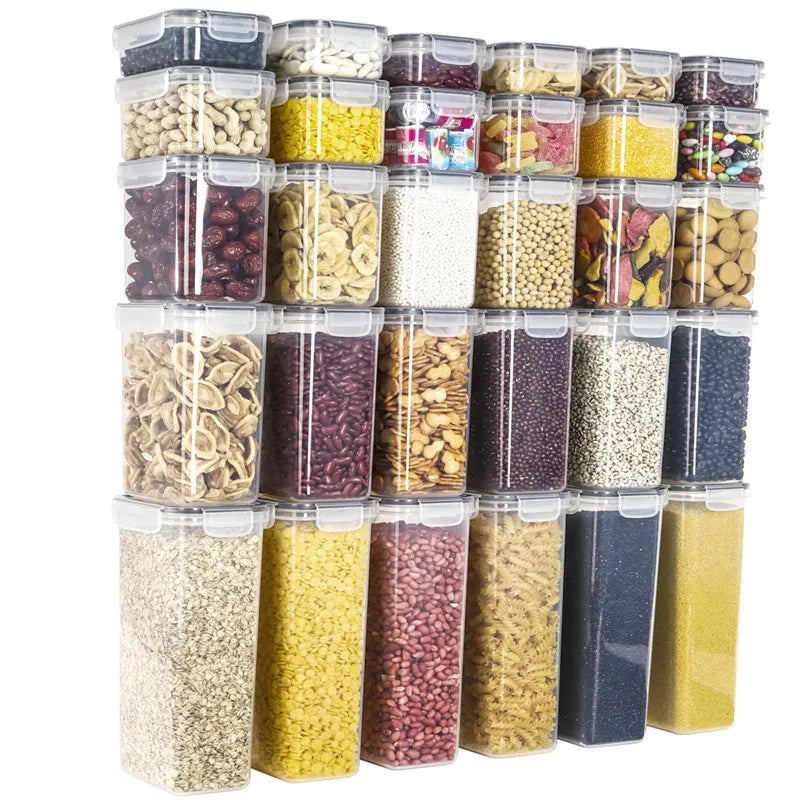 30 Pack Food Storage Containers with Lids - Plastic Kitchen and Pantry Organization Food Grade Airtight Dry Cereal Canisters Set