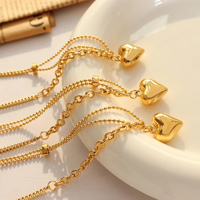 New PVD 18K Gold Plated Stainless Steel Heart Choker Necklace Mix Chain Necklace for Women