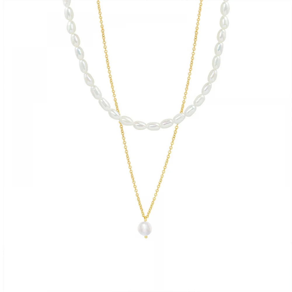 Wholesale Elegant Fashion Women Jewelry Layered 18K Stainless Steel Baroque Freshwater Pearl Necklace