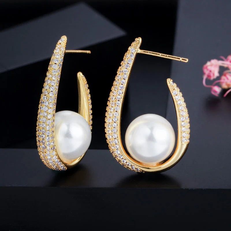 Unique Trendy Micro Pave Cubic Zirconia U Shape Round 18k Yellow Gold Plated Big Pearl Hoop Earrings for Women Jewelry