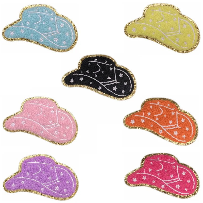 Wholesale Heat Chenille Patches Tshirt Self Adhesive Star Cowboy Hat Cow Girl Hat Iron on Chenille Patches for Clothing Bag