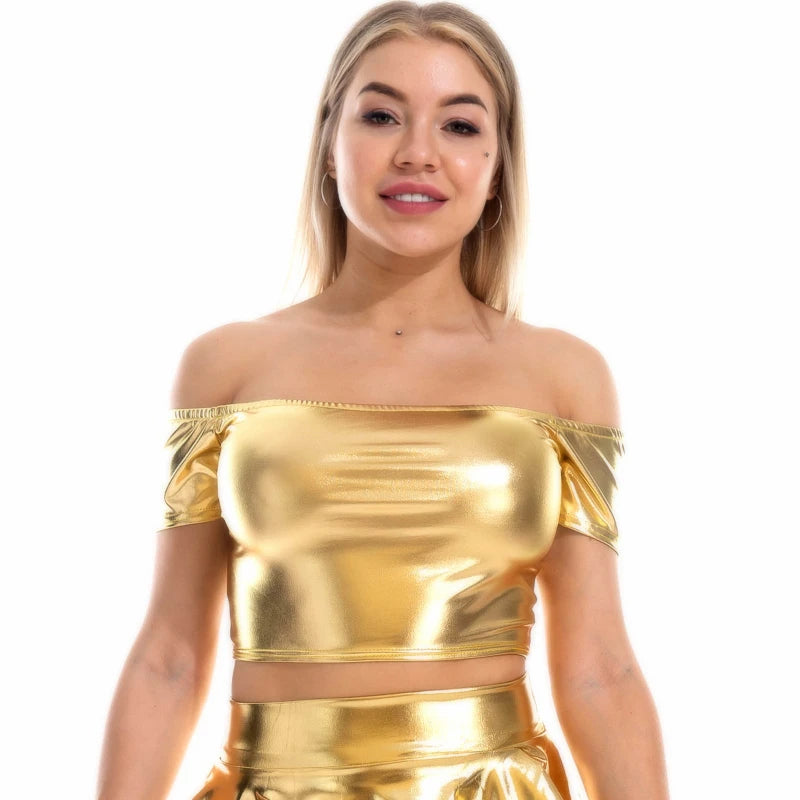 Women Latex Shiny Off Shoulder Tank Top Sexy Club Short Crop Top
