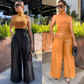 INS Club Trendy Wear Belt Trousers for Women Wide Legged Black PU Leather Pants