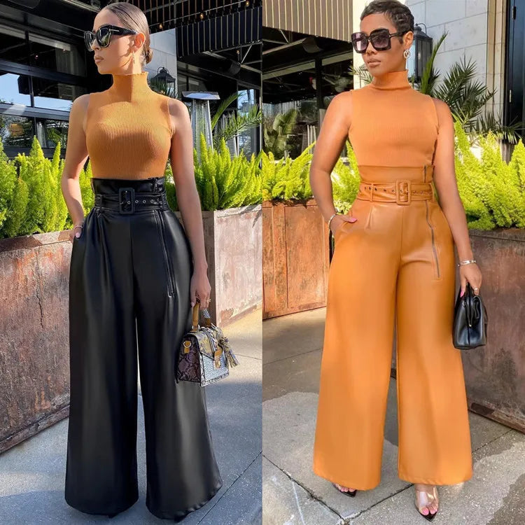 INS Club Trendy Wear Belt Trousers for Women Wide Legged Black PU Leather Pants
