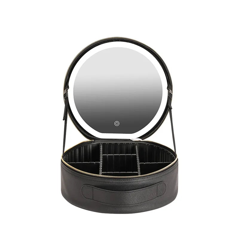 Portable Make up Bag with Mirror Makeup Bag Case Large Capacity Desktop Travel Silver Plastic Round Led Cosmetic Mirror