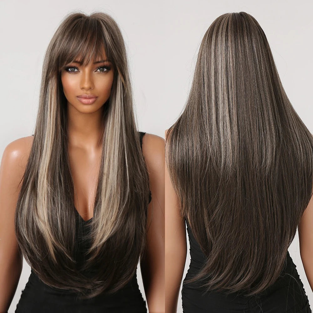 Premium Synthetic Natural Ombre Brown to Silver Water Wavy Wigs with Bangs Wave Hair Wig for Women Heat Resistant Fiber Hair Wig