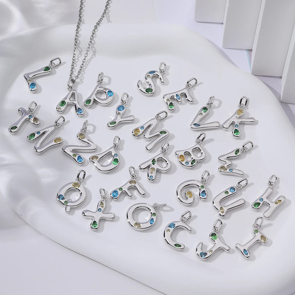 De Colorful Zircon Letter Pendant Necklace Colorful Zircon Letter Design Brass Chain Brass Zirconia Letter Chain