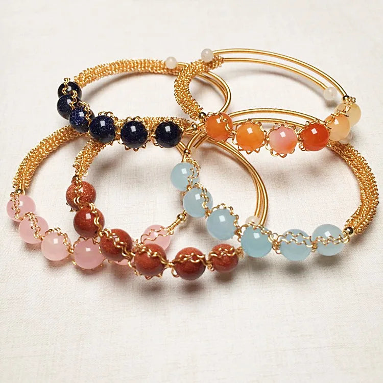 Wholesale Adjustable Healing Natural 8mm Bead Bracelets Gold Copper Open Cuff Bangles