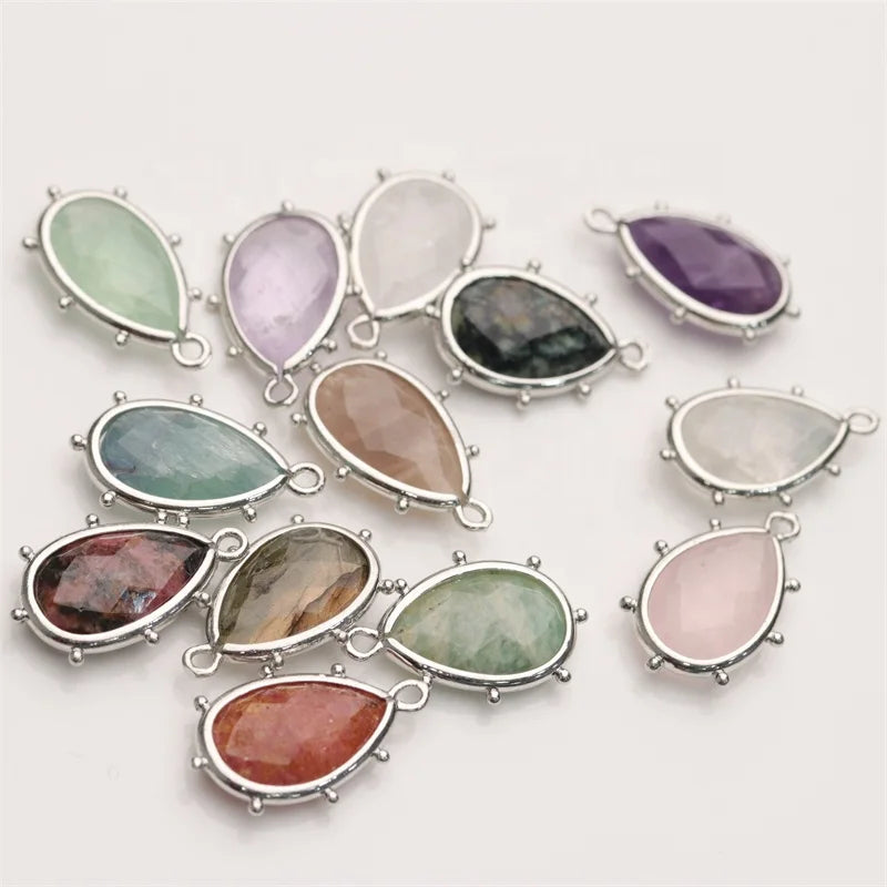 Natural Stone Teardrop Shape Pendant Gemstone Charm With Brass Gold Plated Connector for Jewelry Making