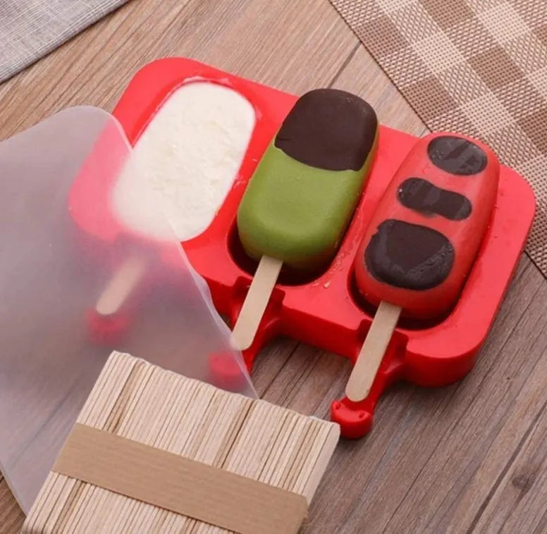 3 Holes Silicone Popsicle Molds with Lid 50 Wooden Sticks BPA Free Homemade Ice Cream Bar Ice Pop DIY Cakesicle Moulds J-120