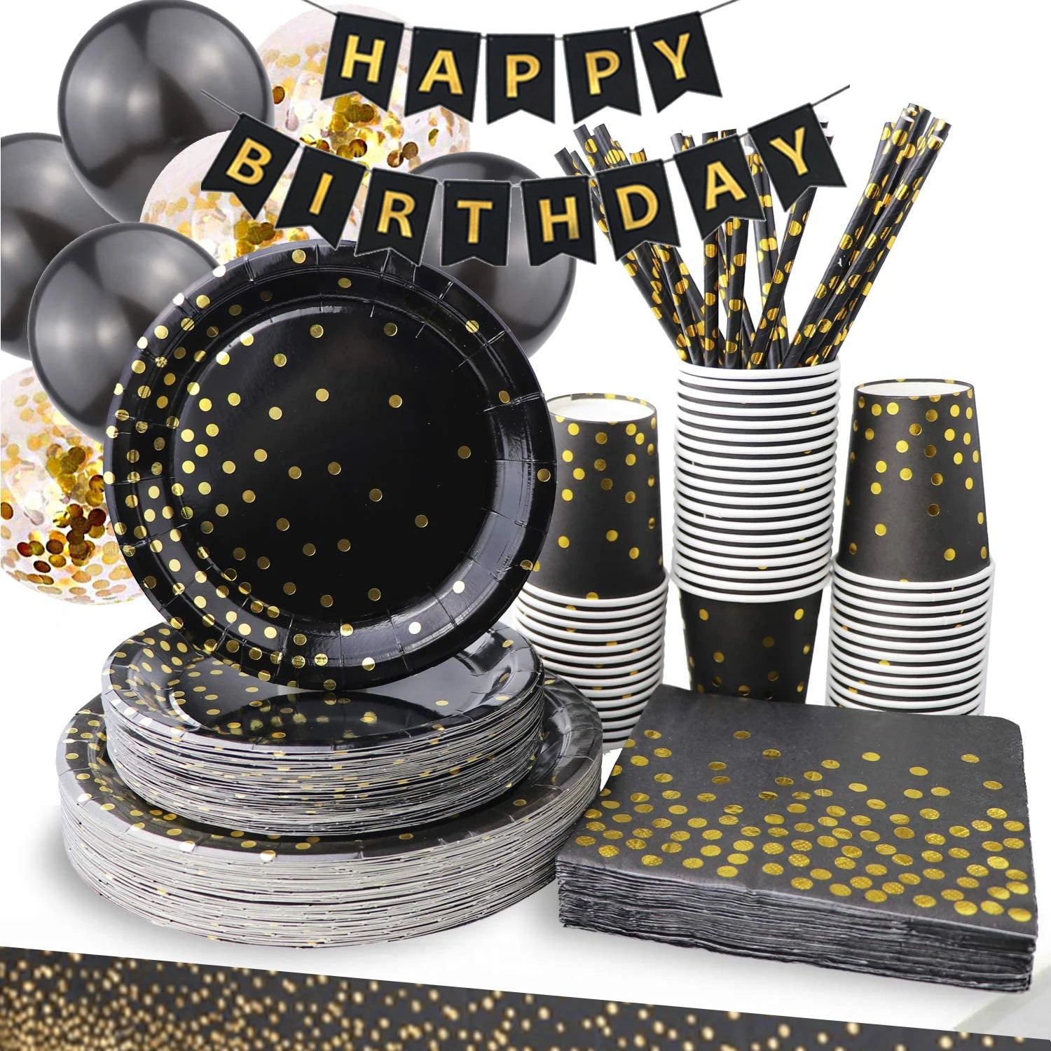 Black Gold Polka Dot Disposable Dinnerware Tableware Sets for Graduation Birthday Wedding Parties Valentine's Day Party Supplies