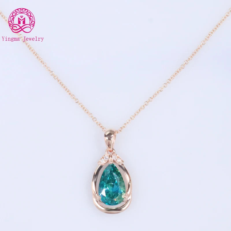 Factory Direct 18K/14K Solid Gold Jewelry 3 Carat Pear Cut Green Mosisanite Pendant Necklace for Gift
