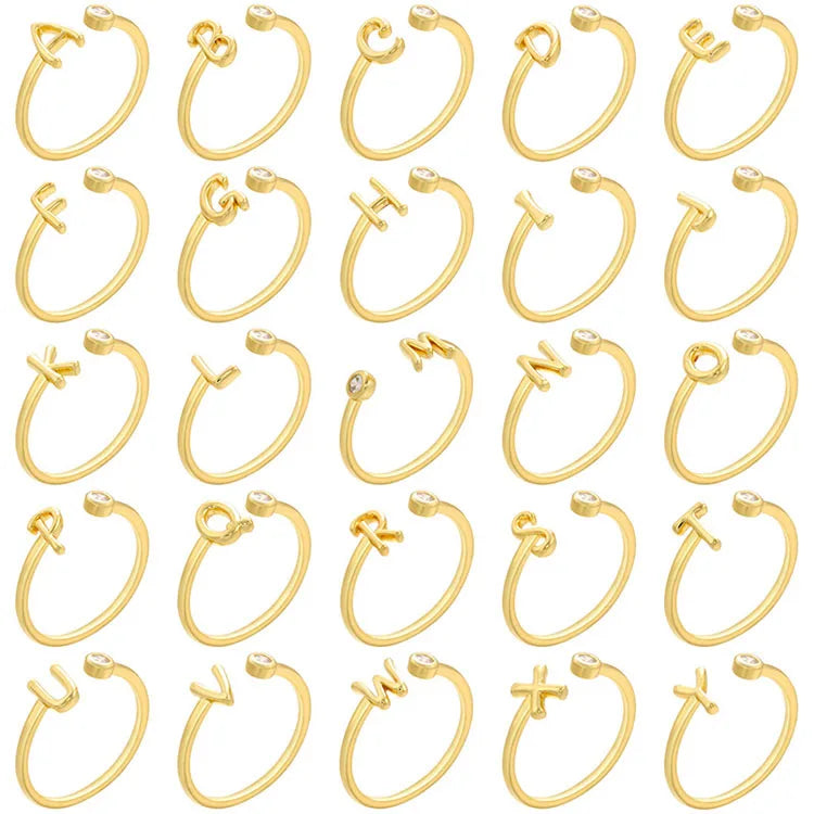 RM1530 Fine Delicate Tiny Mini Solitaire 18k Gold Diamond Cubic Zirconia Paved Letter Alphabet Initial Adjustable Finger Rings