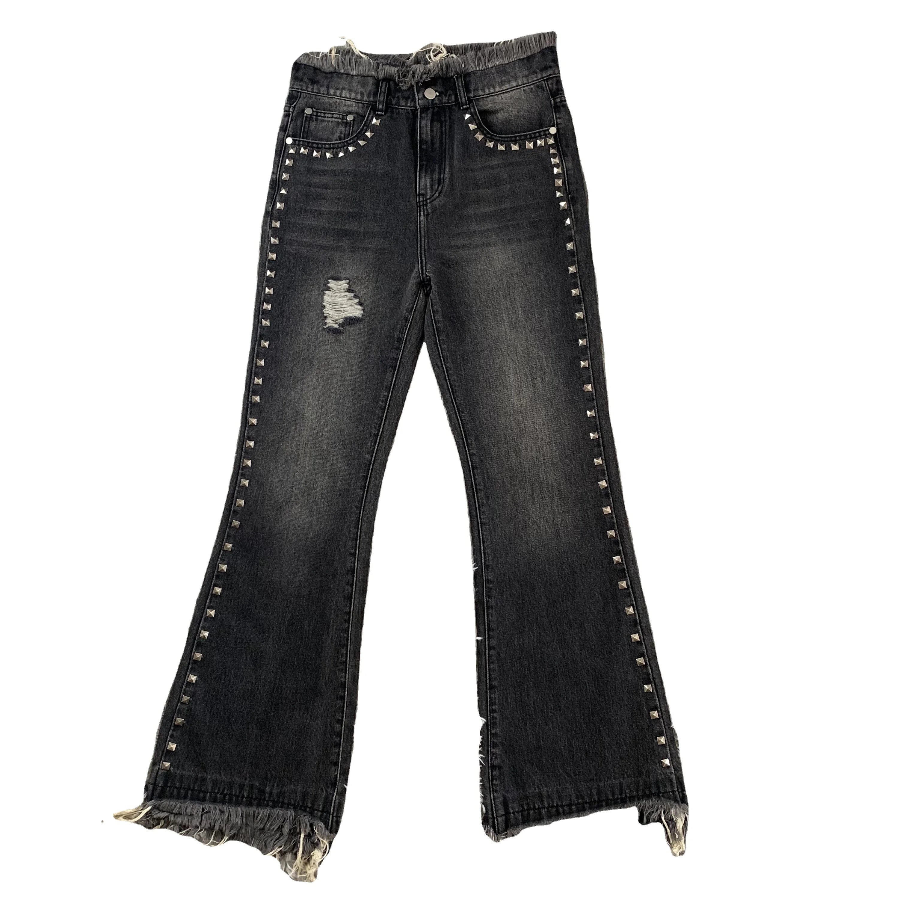 DENIMGUYS Men's Vintage Style Street Y2K Ripped Denim Bellbottom Pants Custom Metal Stud Men Streetwear Designer Flared Jeans