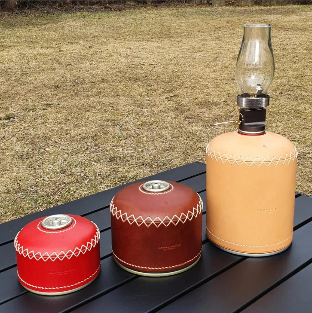 Outdoor Camping Portable Leather Glass Lamp Protective Bag Retro Leather Gas Canister Cover for Tank Fuel