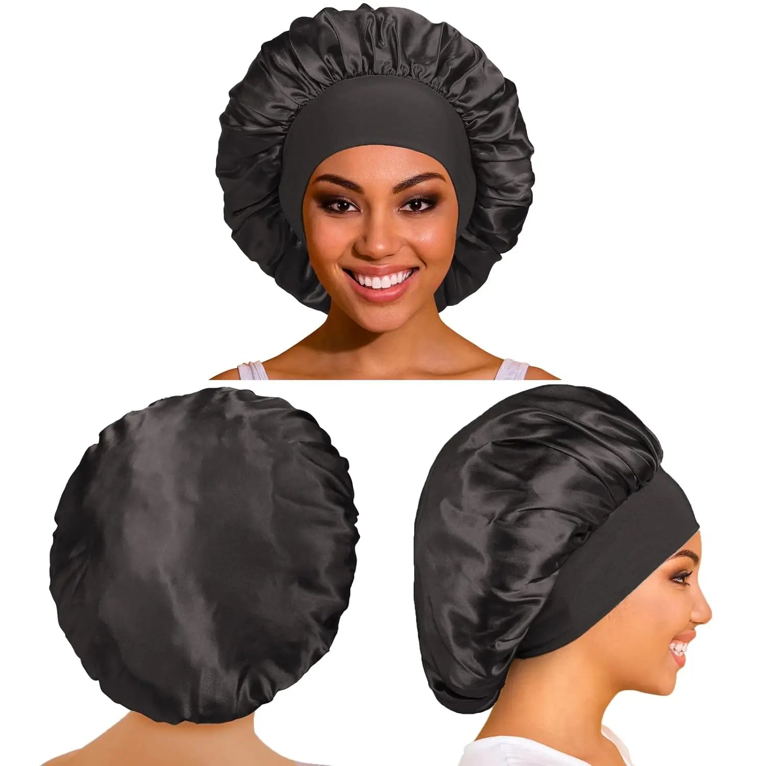 Adult Size Double Layer Satin Bonnet for Sleeping Black Women Casual Striped Wide Soft Band Sleep Cap for Curly Hair