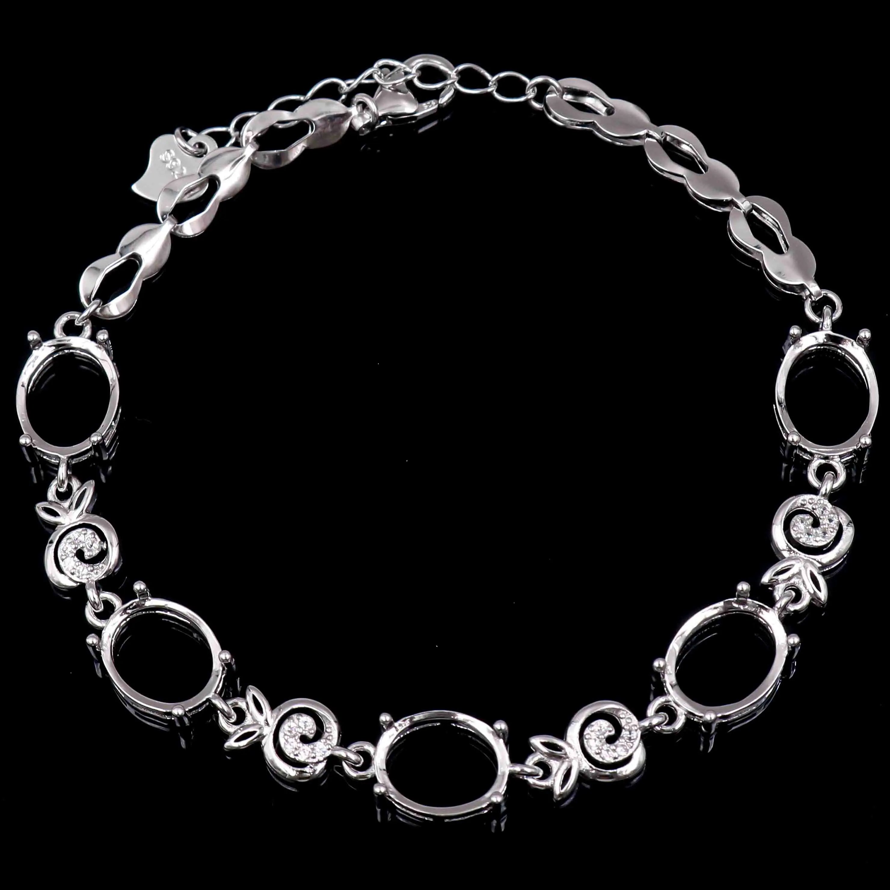 Sterling Silver 8*10mm Semi Mount Bracelet Empty Support Blank Claws Setting S925 Mountain Base Without Main Stone for Inlay DIY