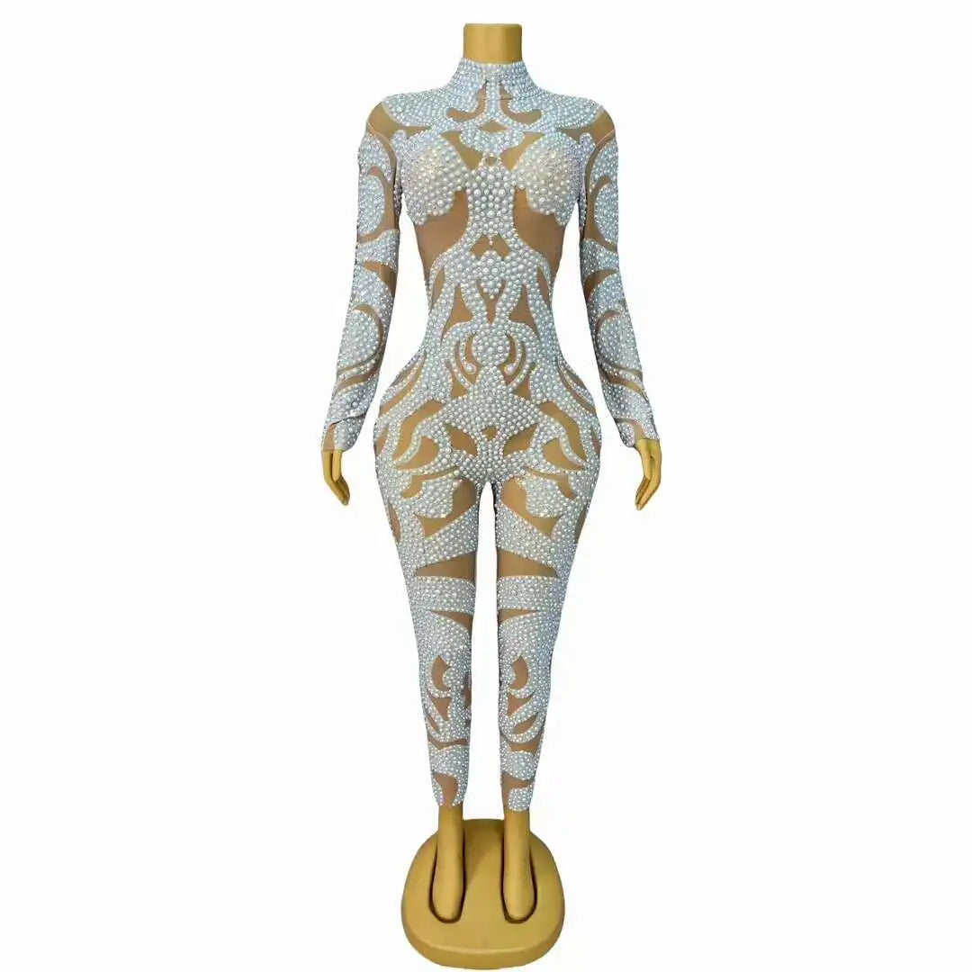 Fashion Long Sleeves Pearls One Piece Bodysuit for Women Night Club Wear Dancers Costume Female Party Sexy Bodycon Jumpsuits