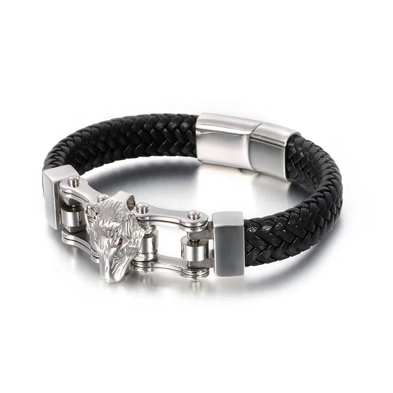 Men's New Cowhide Woven Stainless Steel Leather Bracelet Creative Wolf Head Simple Design Fashionable Charm Jewelry