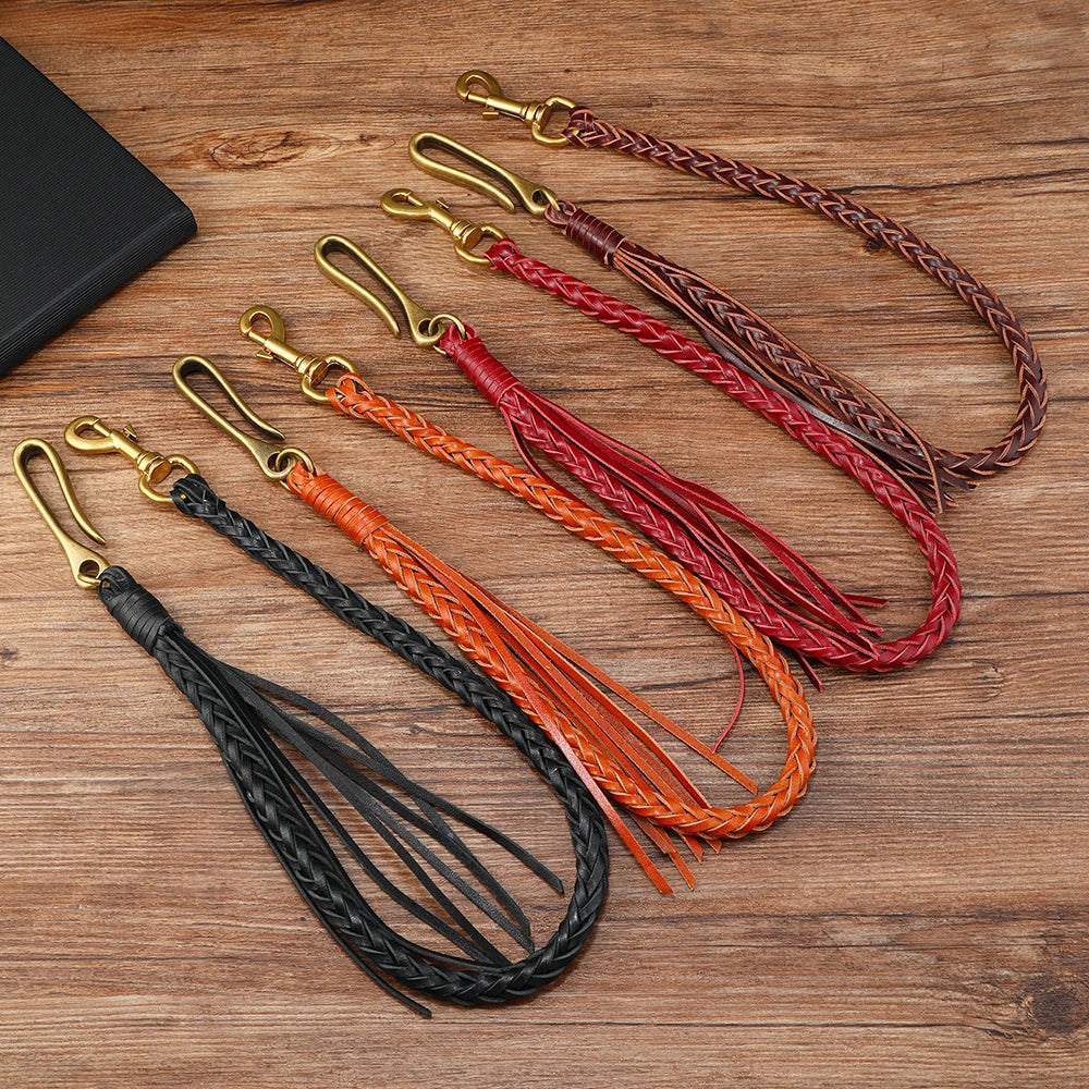 Wholesale Vintage Leather Tassels Antique Silver Metal Punk Rock Men Chain Handmade Braid Trouser Chain Accessories Wallet Chain