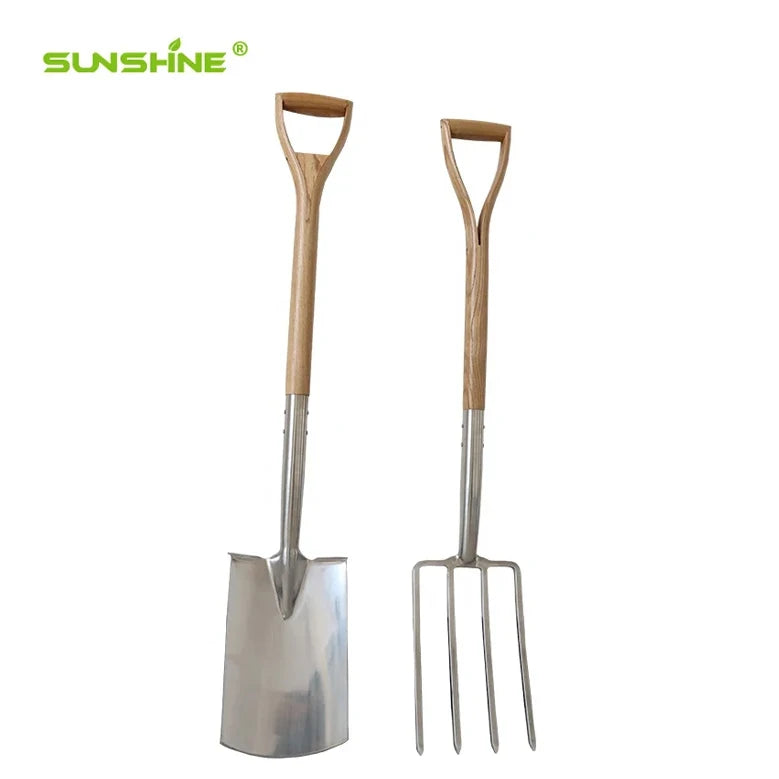 SUNSHINE China Supplier FSC Ash Wood D Handle Garden Tools Stainless Spade and Fork