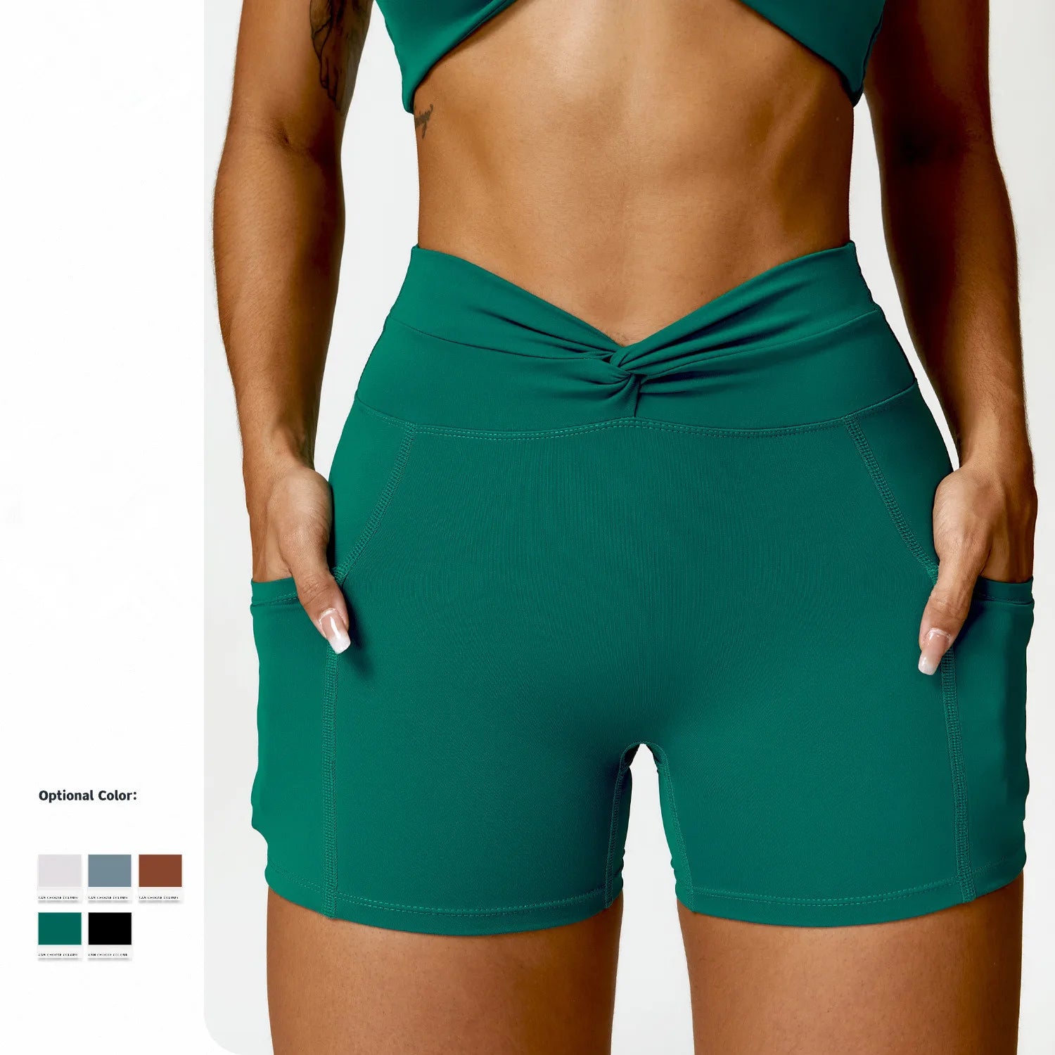 2024 Solid High Waist Yoga Shorts for Women with Phone Pockets Spandex/Nylon Material Twist Design Hip Lift Exercise Shorts