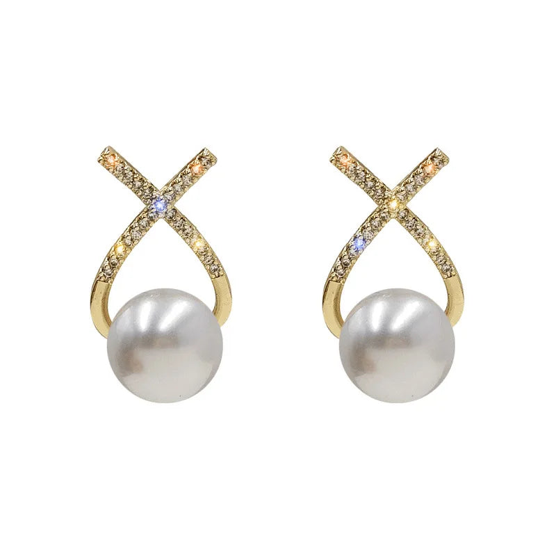 AA00326 Elegant Water Drop Stud Earrings Trendy Big Pearl Crystal Diamond Fashionable Alloy Jewelry for Ladies for Anniversaries