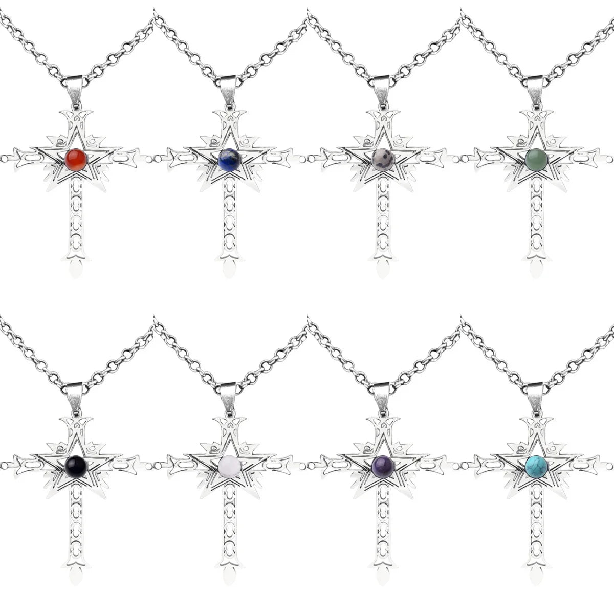 New Style Fashion Stainless Steel Cross Shaped Multi Natural Stone Pendant Necklace Personalized Pendant Unisex's Necklace Gifts