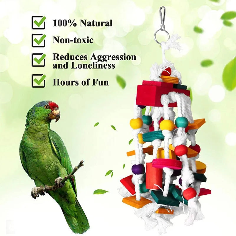 Sustainable Big Parrot Teething Toy Wood and Cotton Rope Chew Toy with Sisal and Metal Eco-Friendly for Parrot Birds