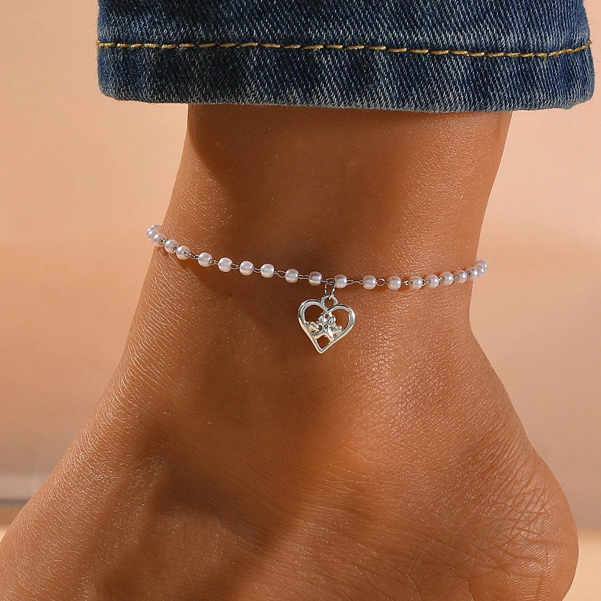 Vintage Summer Beach Plastic Pearl Anklet Foot Jewelry Beaded Heart Anklets for Women Bangles