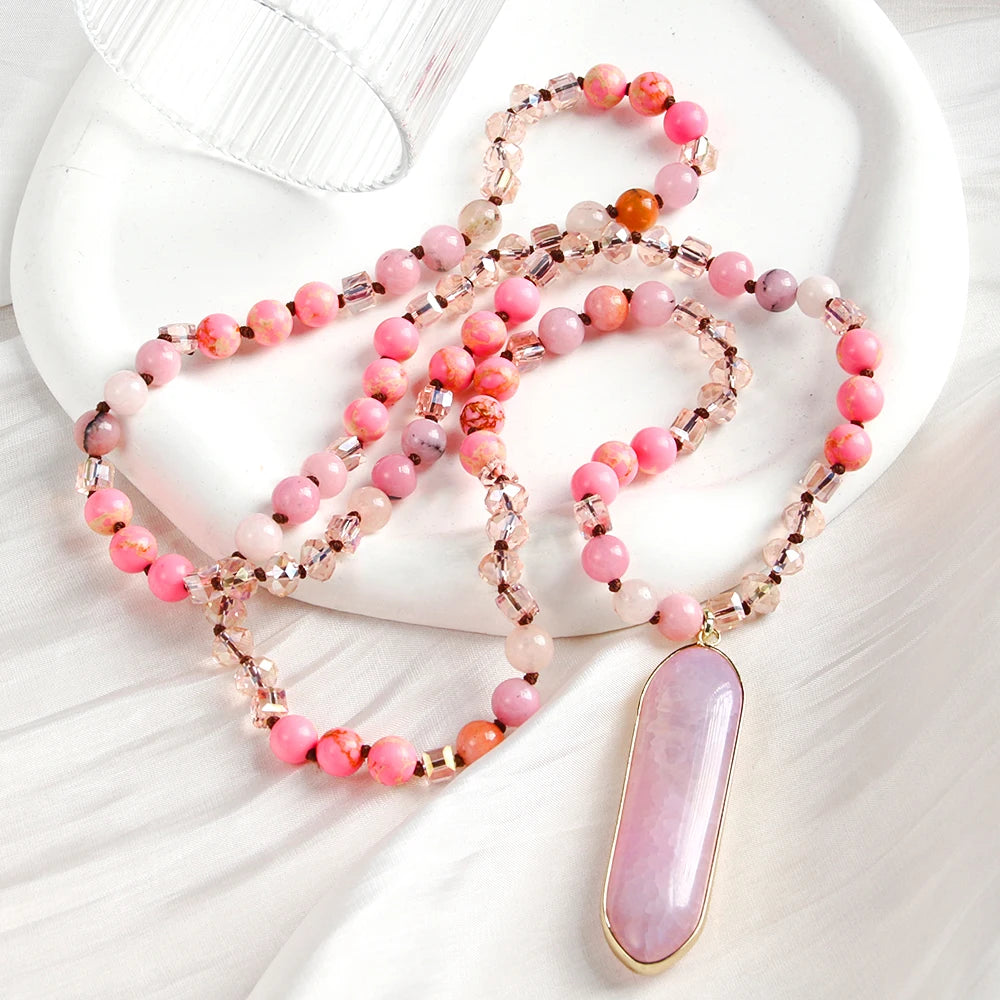 Sweater Chain Fashion Bohemian 8mm pink Imperial jasper Natural Stone Glass Knot Necklace Long Oval Agate Pendant Necklace