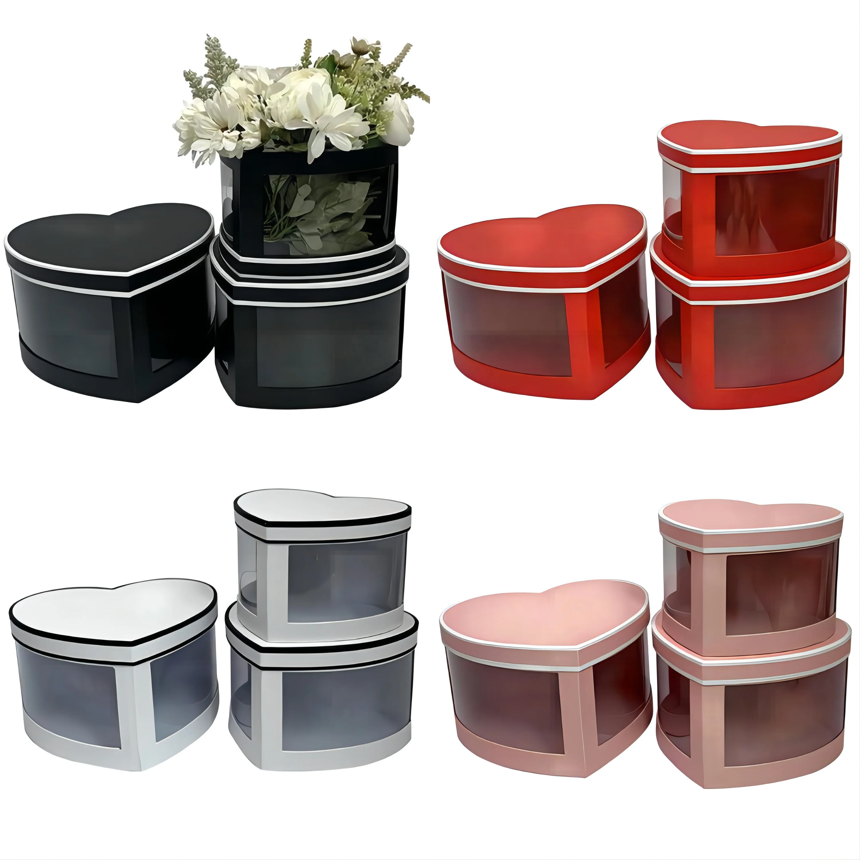 Creative Transparent PVC Window 3-Piece Heart Shaped Flower Box Set Embossed Printing Solid Color Companion Gift Packaging Box
