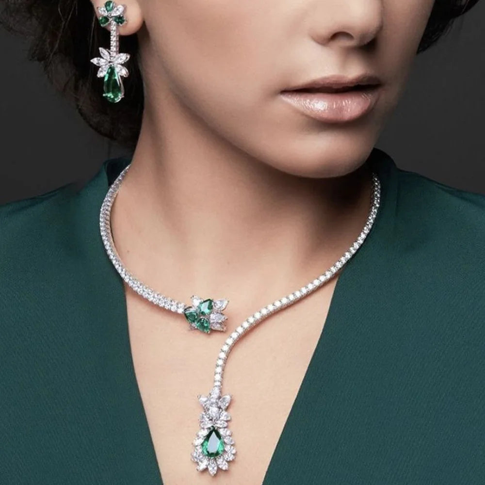 Rhinestone Chain Colored Waterdrop Necklace and Earrings Wedding Necklace Set for Women