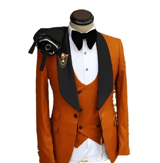 Tailor Made Orange Men's Suit 3 Piece Set Jacket Vest Pants Set Formal Wedding Groom Tuxedo Elegant Man's Blazer Prom Party Suit