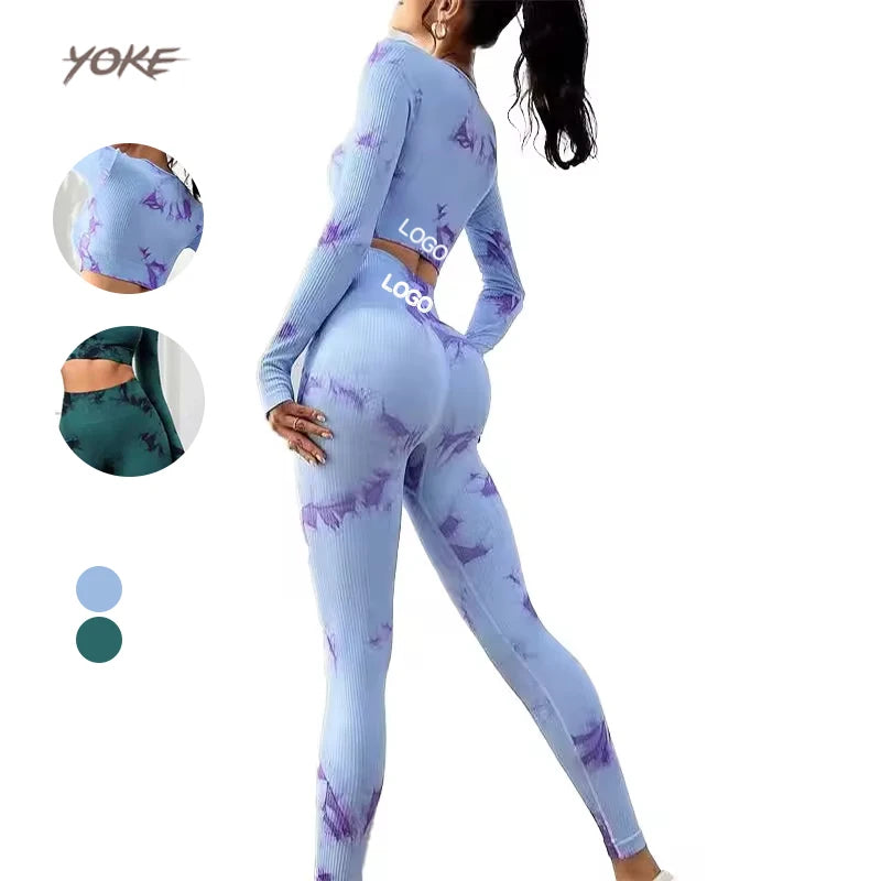 Yoke Racerback New Seamless Rib Long Sleeve Yoga Print Set Women Running Sportswear Suit High Waist Breathable Eco-Friendly