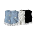 Girls Summer Casual Top Korean Version Bow Small Vest with Lace Printed Sweet Stitching Sleeveless T-shirt for Children