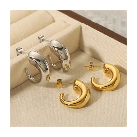 Chunky Stainless Steel Minimalist Thick Geometric Hollow Hoop Earrings High-Polished CC Shape Huggie for Women