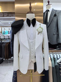 2025 Men's Plus Size Slim Jacquard Casual Groom Tuxedos 3-Piece Set White Single Breasted Blazer Pleated Front Style Shawl Lapel
