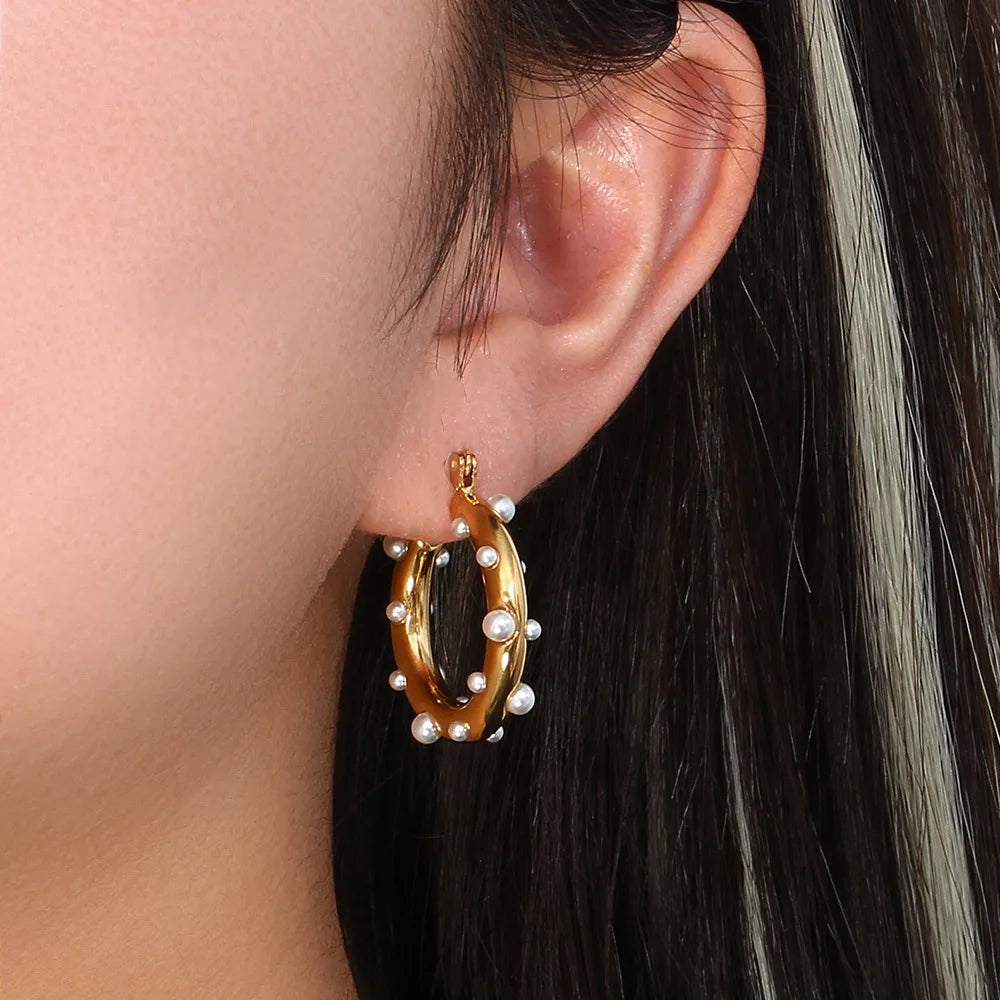 Fashionable Gold-Plated Stainless Steel Hoop Earrings Popular Light Luxury Women's Pearl Jewelry with Colored Zircon