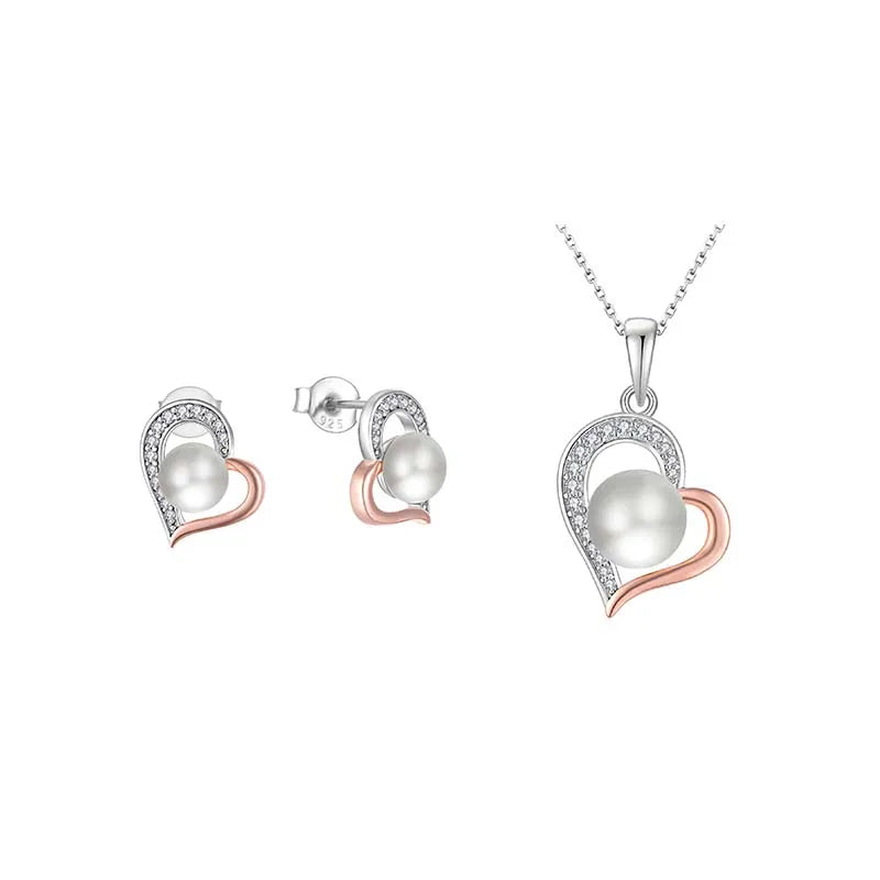 QX Custom Oem Wholesale Women Heart Cubic Zirconia Pearl Necklaces Earrings Luxury Fine Designer Ladies 925 Silver Jewelry Sets