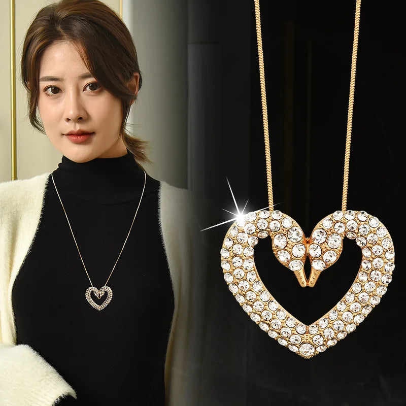 Wholesale Titanium Steel Double Swan Heart Necklace Zircon Rhinestone Luxury Sweater Chain Choker Stainless Steel Necklace