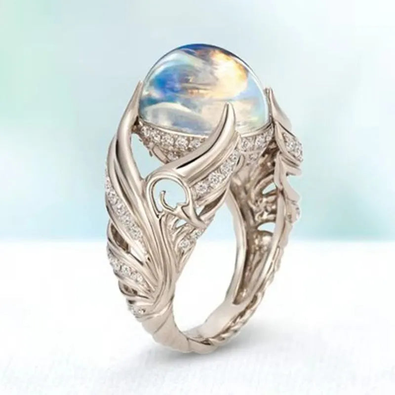 Huitan Noble Women Round Fire Opal Stone Rings Retro Carved Girls Lady Beautiful Vintage Silver Rings