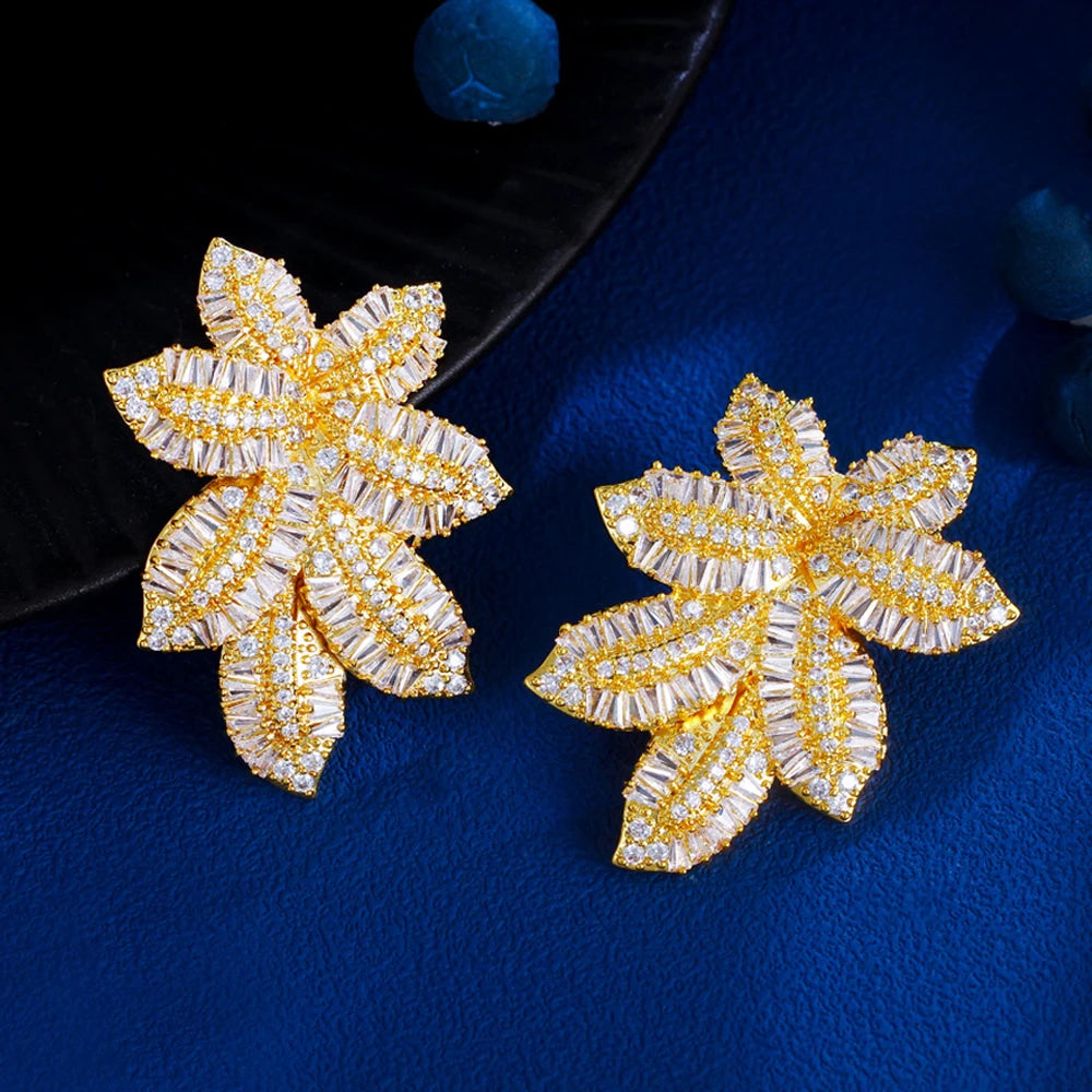 Sparkling Micro Pave African Cubic Zirconia Luxury Big Long Leaf Drop Earrings for Women Dubai Gold Plated Wedding Jewelry