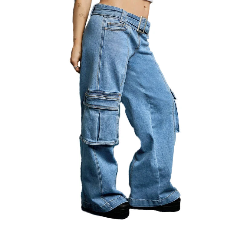 2023 High Fashion Custom Women's Cargo Jeans Pants High Waist Wide Leg Baggy Denim Pant Belt Zipper Hem Straight Y2K for Summer
