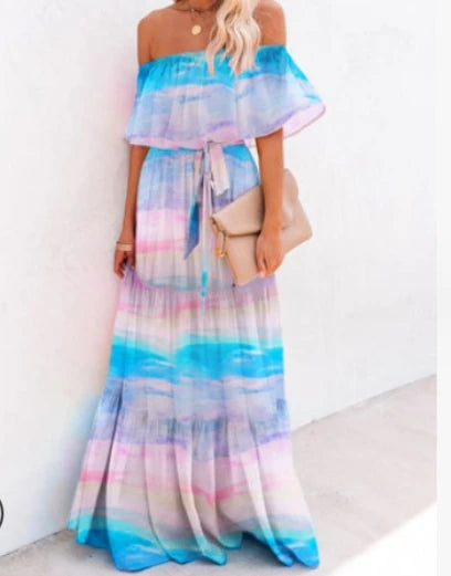 New European and American Women's Wrapped Chest Print Gradient Large Swing Dress