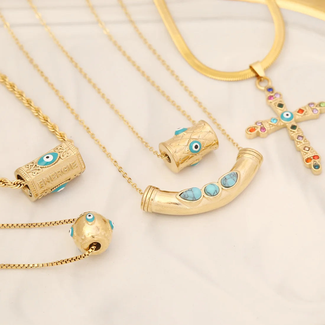 Jewelry for Women Stainless Steel Turquoise Necklace Eye Cross Pendant