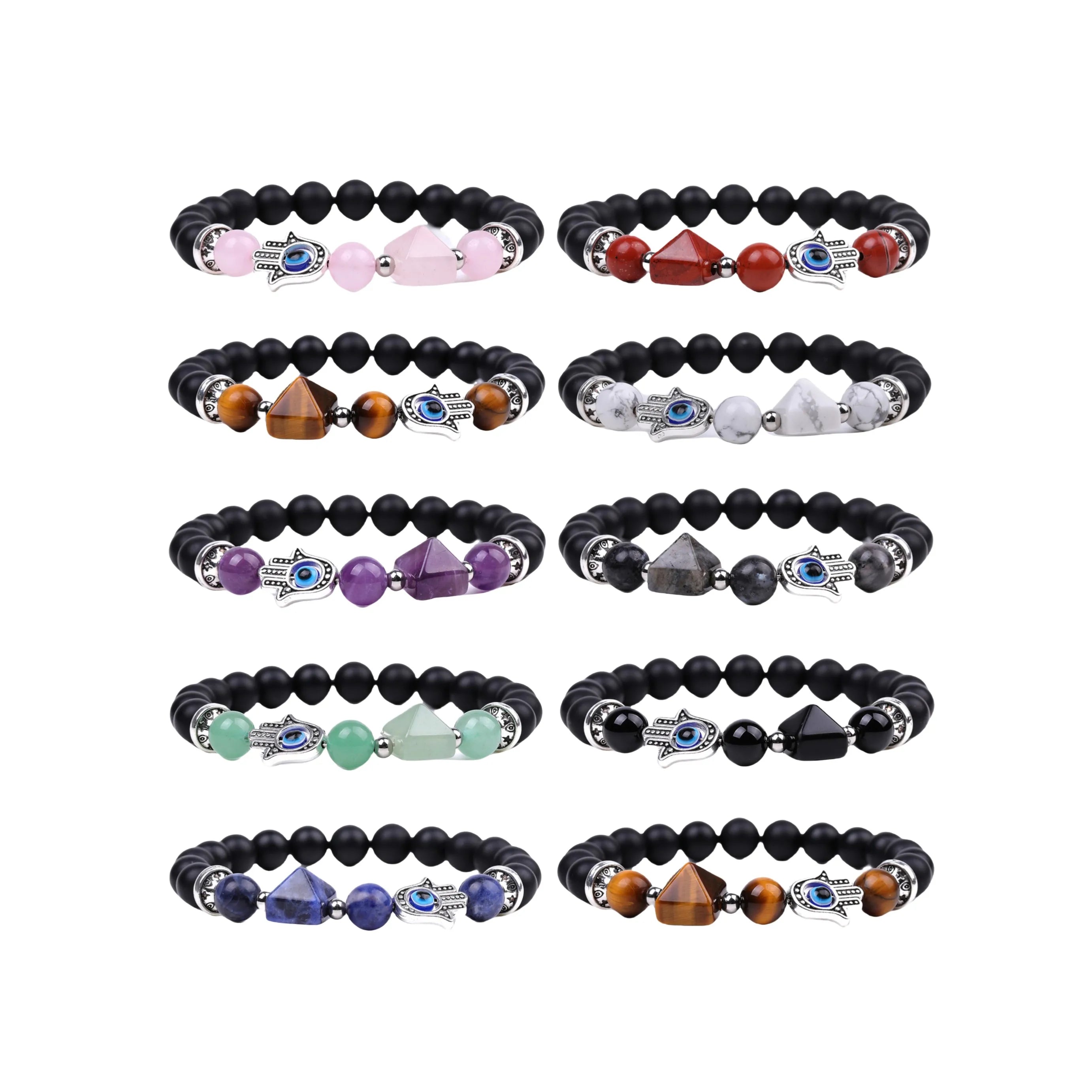Pyramid Buddha Hand Evil Eye Bracelet Red Jasaper Tiger Eye Rose Quartz Stone Handmade Fashion Jewelry